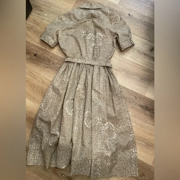 Nelly Don Vintage 1950s tan neutral shirtwaist dress S 25”w VLV rockabilly pinup - Picture 7 of 11